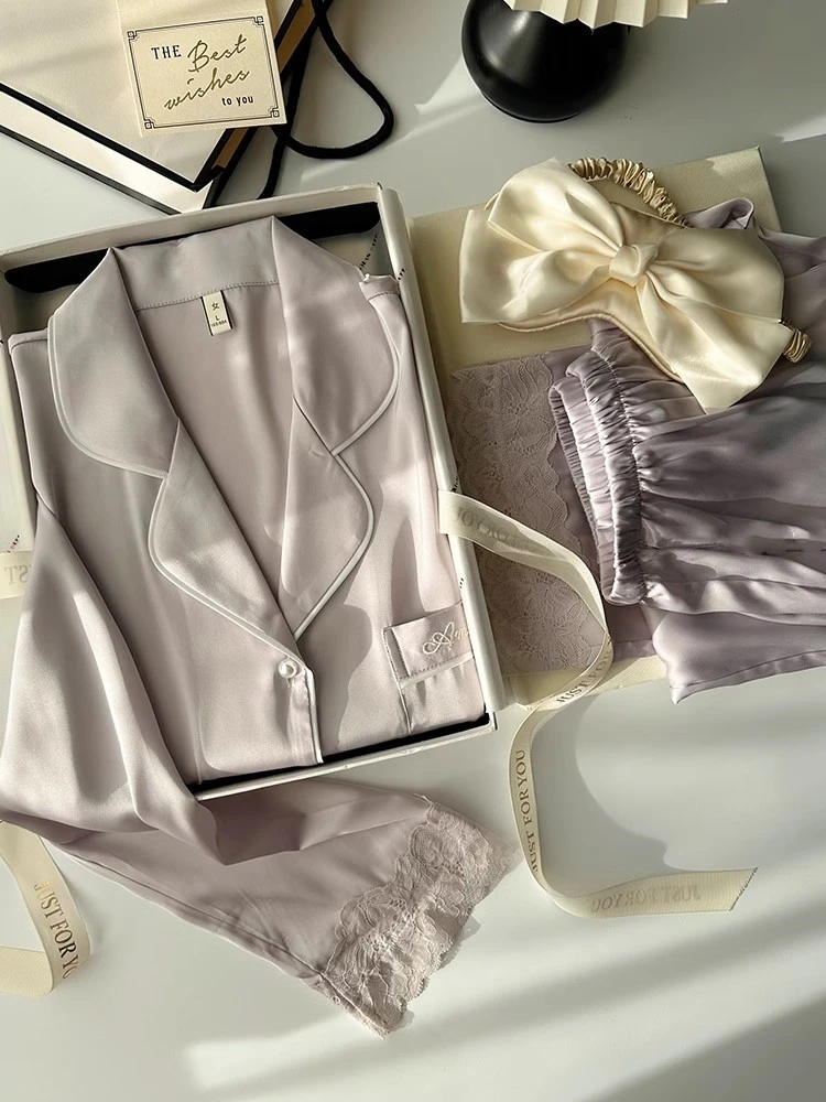 香芋紫纯色蕾丝绸缎睡衣女简约秋季家居服套装生日礼物礼盒送女生