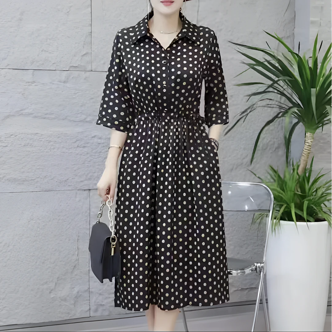 【遇见妳】5221新款娃娃领领波点收腰中袖显瘦气质女装宽松连衣裙