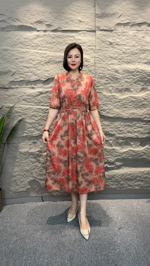 【遇见妳】5208新款立领三扣橘色小紫花收腰显瘦时尚气质女装连衣裙