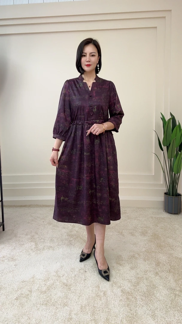 【遇见妳】5691新款立领紫色步步生莲百搭显瘦气质时尚女装连衣裙