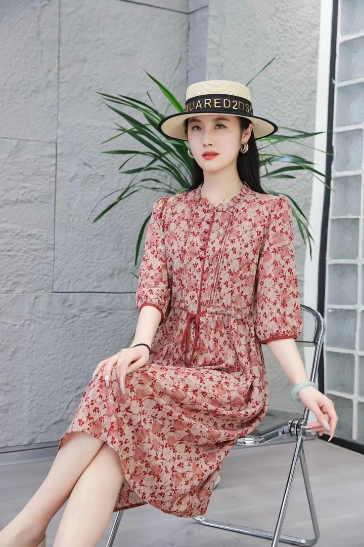 【遇见妳】3635尤莱特新款花边领小碎花抽绳百搭气质印花女装连衣裙