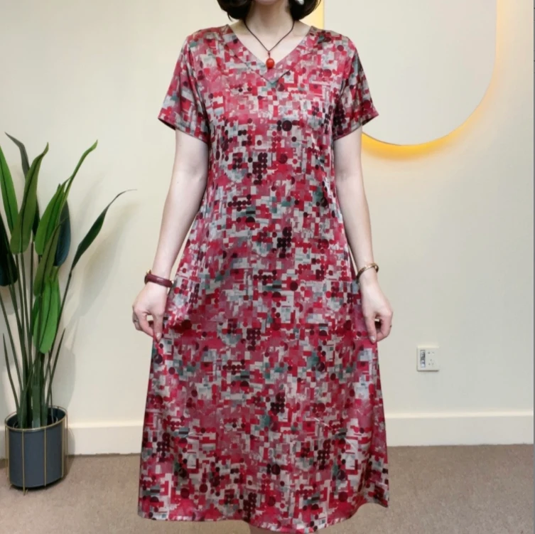 【遇见妳】2101新款V领小方块气质收腰百搭复古时尚春夏显瘦连衣裙