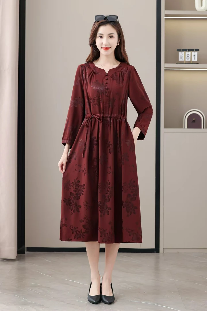 【遇见妳】5628新款立领红色印花收腰显瘦气质时尚女装连衣裙