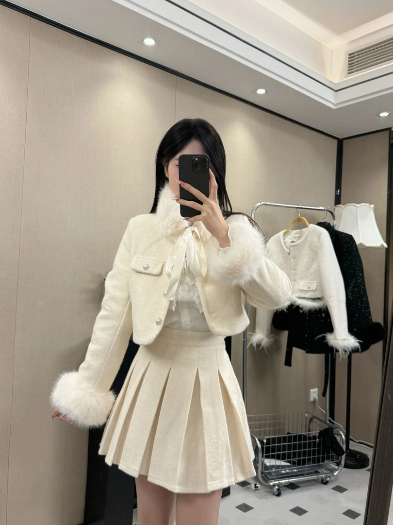 【兮巧儿】韩系千金小香风套装新款高级感名媛外套百褶短裙