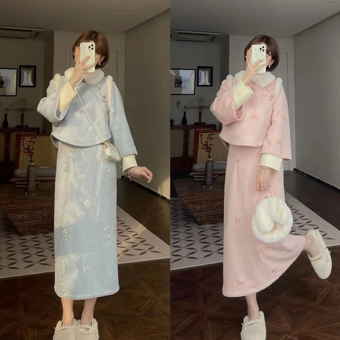 国风新中式-芷悦-秋冬季新款甜美马甲连衣裙两件套气质显瘦套装女