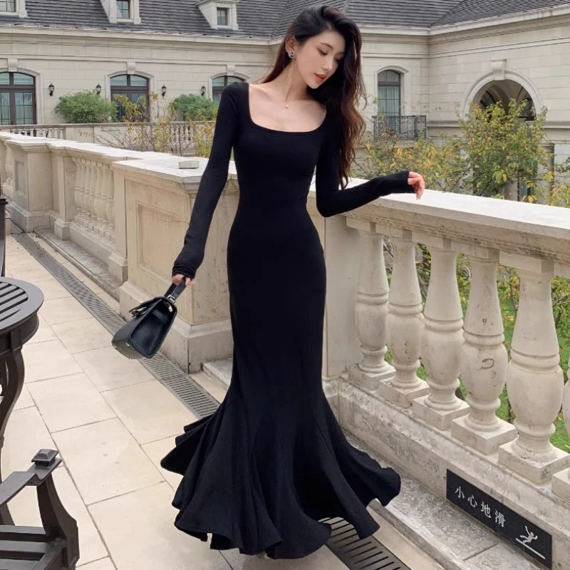 步步生莲长袖连衣裙女秋性感御姐修身显瘦包臀鱼尾裙高级感小黑裙