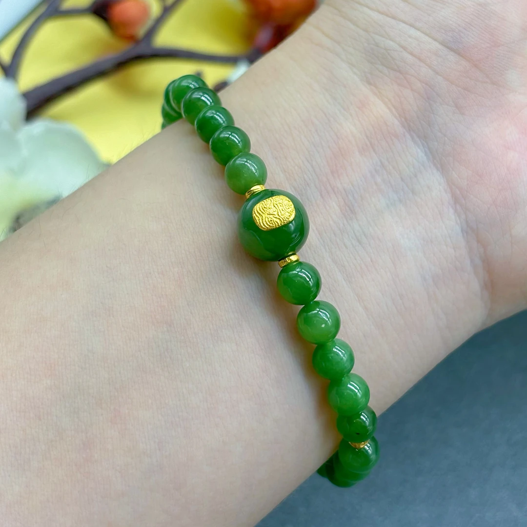 8563和田玉碧玉手串菠菜绿扎基拉姆设计款圆珠百搭项链吊坠手工