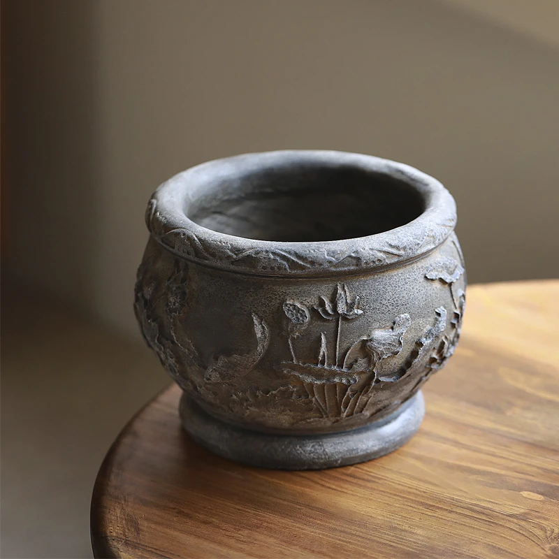 【连年有余】青石门海复古石雕摆件纯手工雕刻储物罐建水禅意花盆