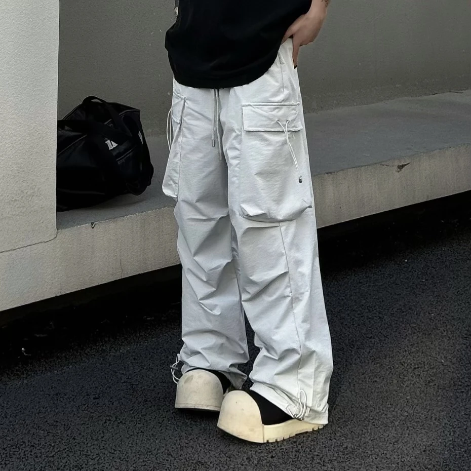 美式机能伞兵工装夏季裤男女潮牌宽松阔腿长裤抽绳多口袋休闲裤子