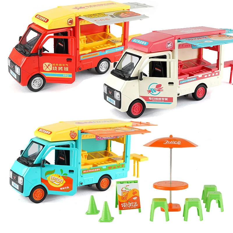 外卖车模型五菱E10小货车合金回力声光流动烧烤车快餐车玩具车