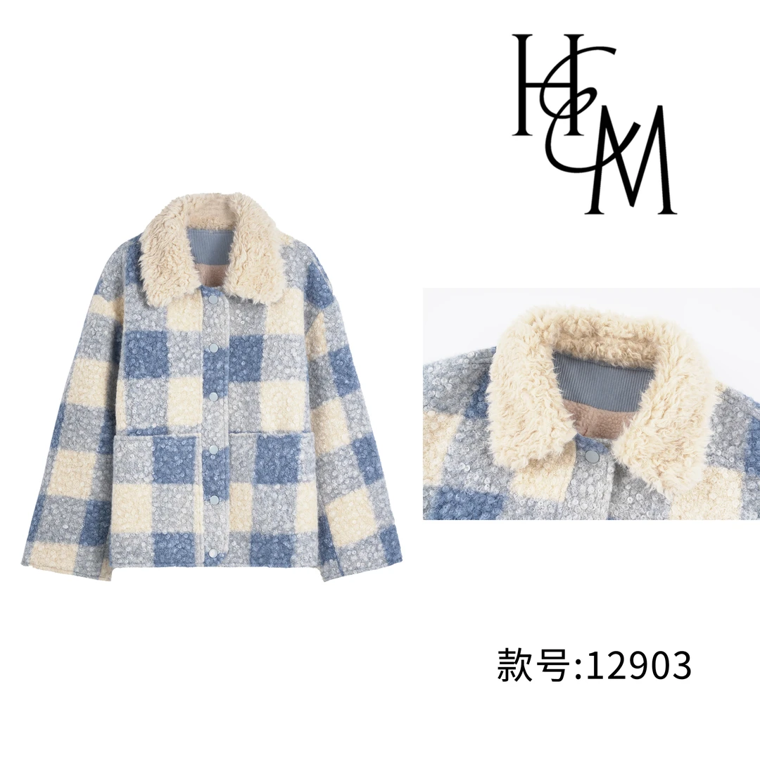 HUIERMAN/慧尔曼时尚设计师款加绒保暖棋盘格呢子外套【12903】
