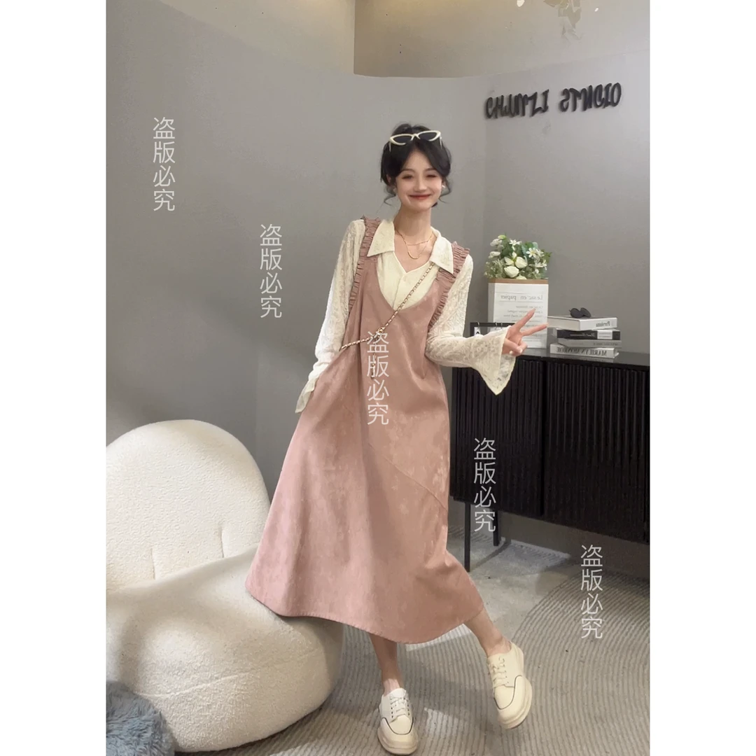 减龄甜美风皮质背带连衣裙【10990】