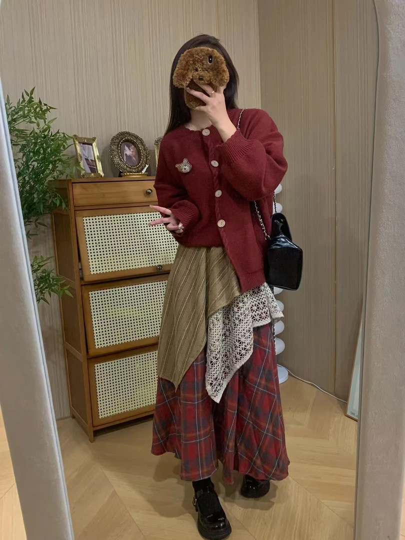 慵懒风宽松长袖毛衣外套不规则拼接格子半身裙女秋时尚套装G0074