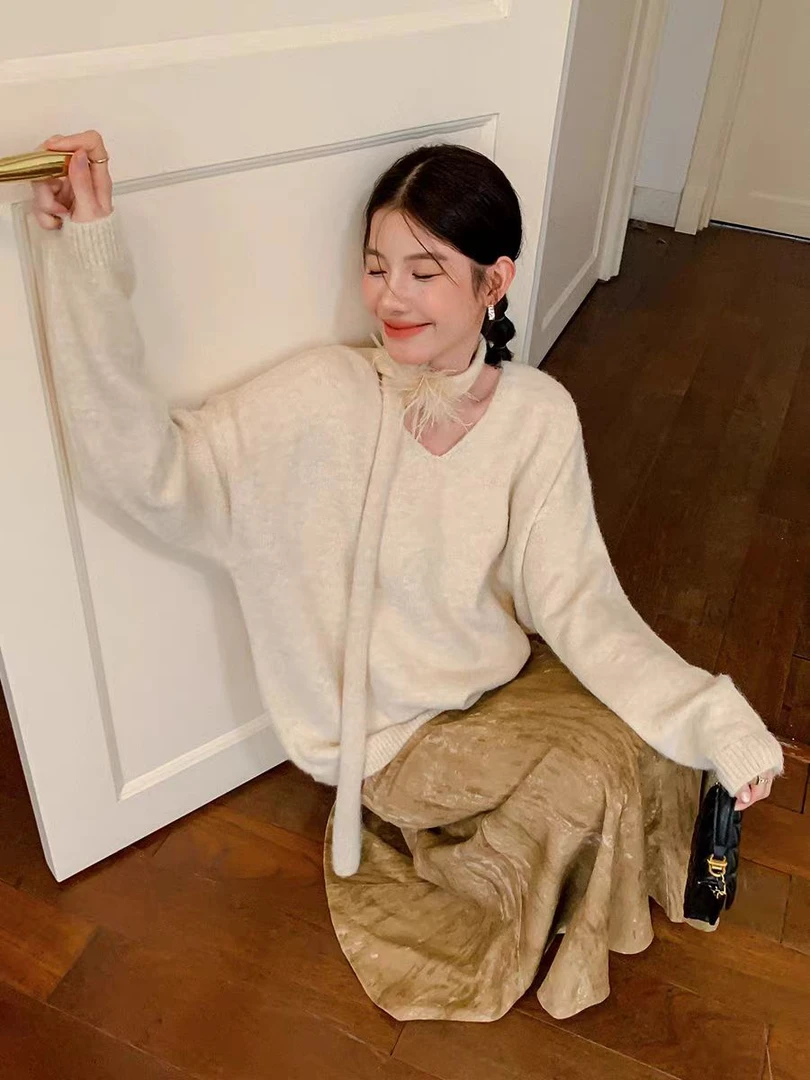 早秋季毛毛飘带针织衫上衣扎染工艺鱼尾收腰显瘦半身裙套装G0093