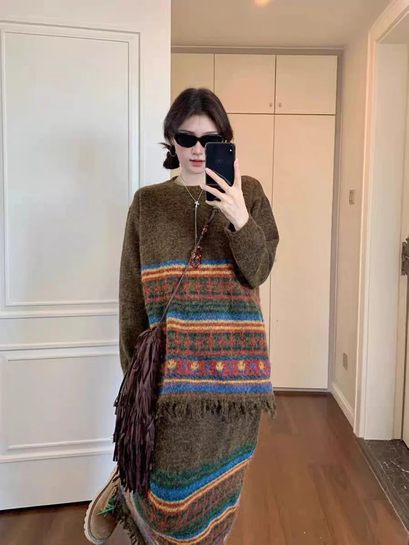 复古流苏针织毛衣女秋冬慵懒风宽松显瘦半身裙两件套装G0097