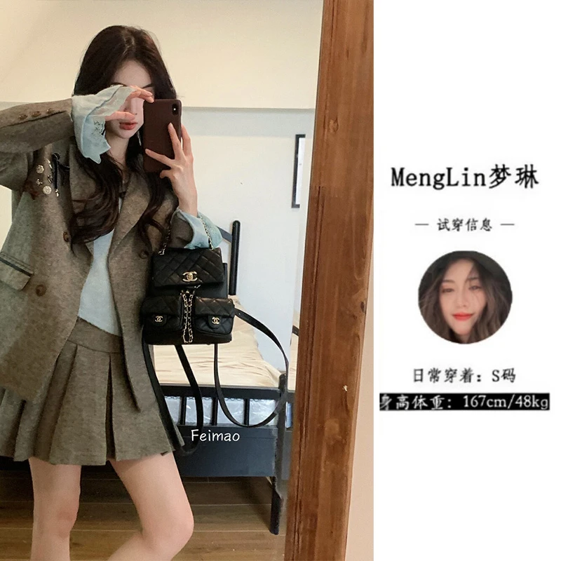 名媛蝴蝶结撞色领毛呢西装女冬季韩系高级感套装G0152