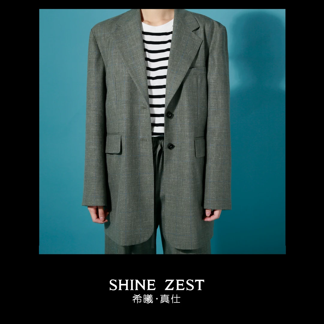 灰绿色格纹毛料混纺面料宽松大廓形长袖西装外套