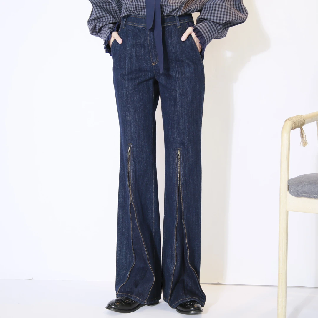 春季藏蓝色棉质牛仔裤时髦拉链设计微喇长裤女款显瘦高腰复古修身