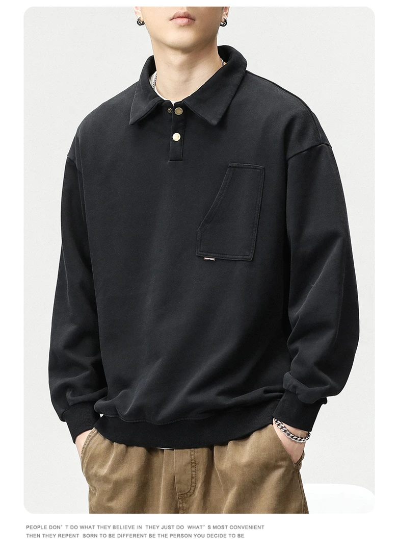 美式重磅复古做旧水洗翻领衫男秋长袖宽松T恤