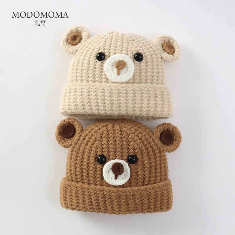 modomoma新生儿用品婴儿帽秋冬装男女宝宝保暖针织棉线小熊套头帽