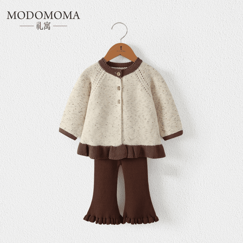 modomoma女童衣服秋冬装公主女宝保暖针织棉线荷叶摆开衫洋气外套