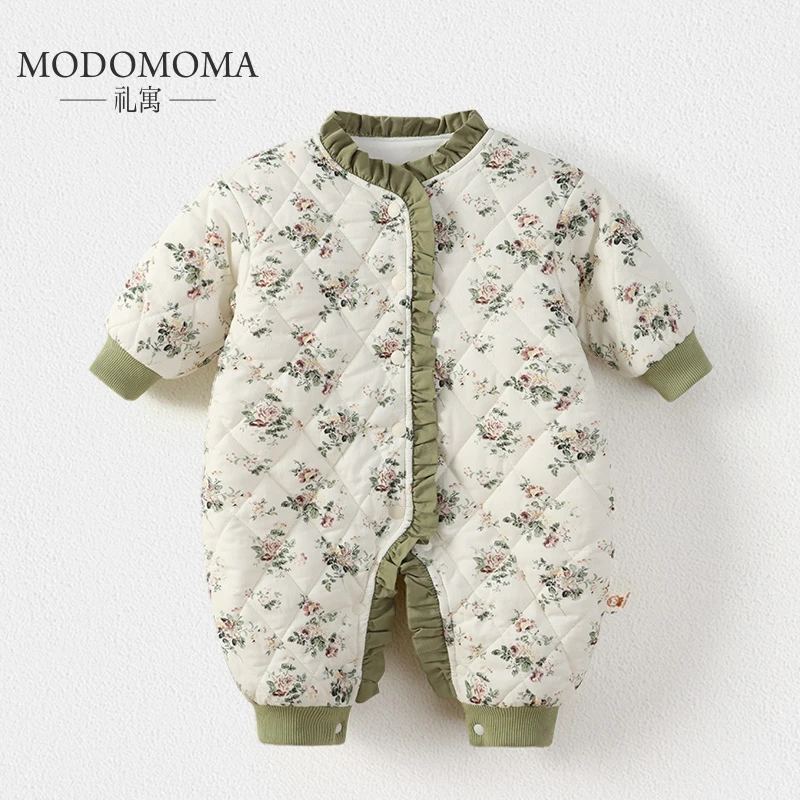 modomoma新生婴儿衣服秋冬装公主女宝宝保暖加厚夹棉爬服复古爬服