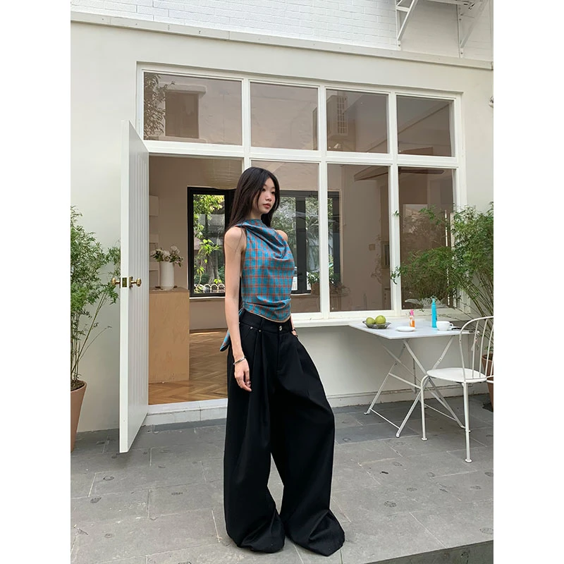 withmin别致显瘦 宽松显瘦设计感垂感直筒夏黑色休闲裤【2410559】