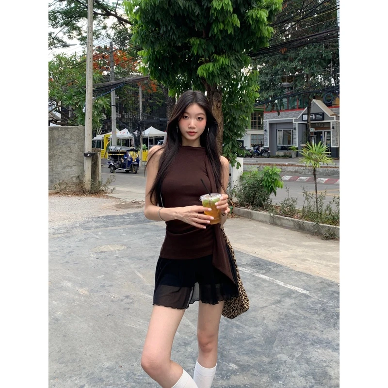 【现货】芭蕾风网纱卷边短裙女辣妹高腰裙子半身裙【2410587】