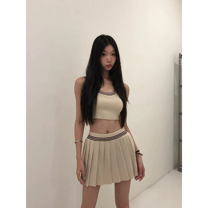 withmin鞠式美学 学院风撞色针织条纹百搭背心+短裙套装【2410379】