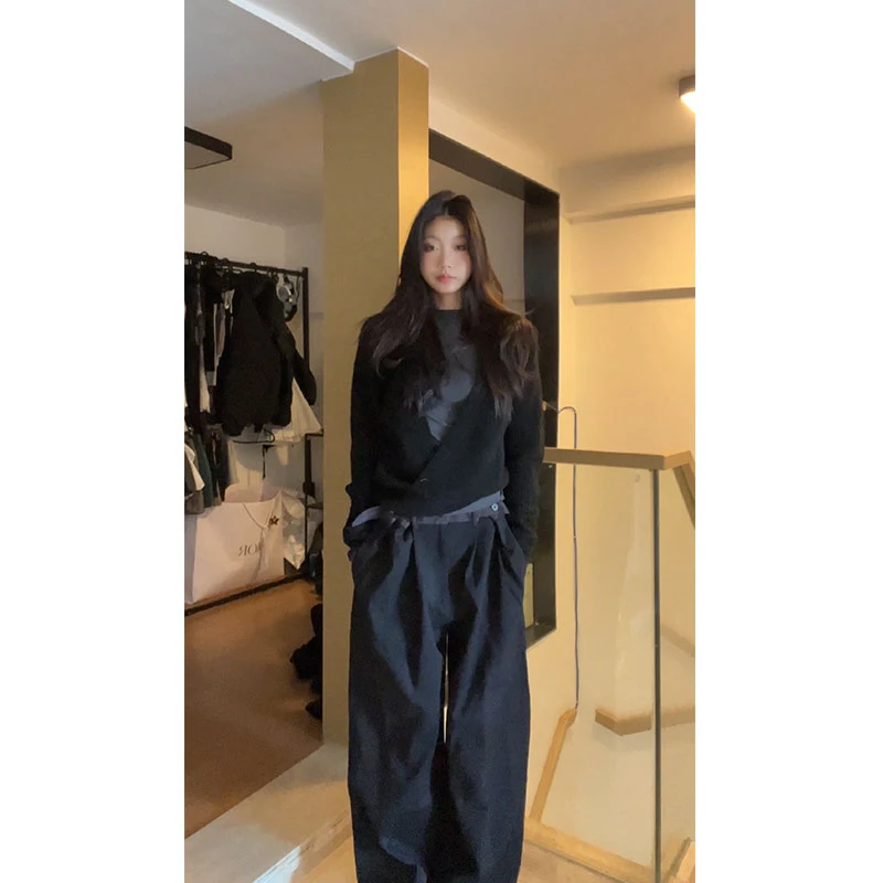 【现货】冬日热恋 秋冬宽松拼接腰头直筒垂感拖地休闲裤【2411781】