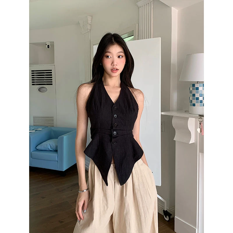 【清清】辣酷街头 显瘦气质无袖夏黑色背心女上衣【2410547】
