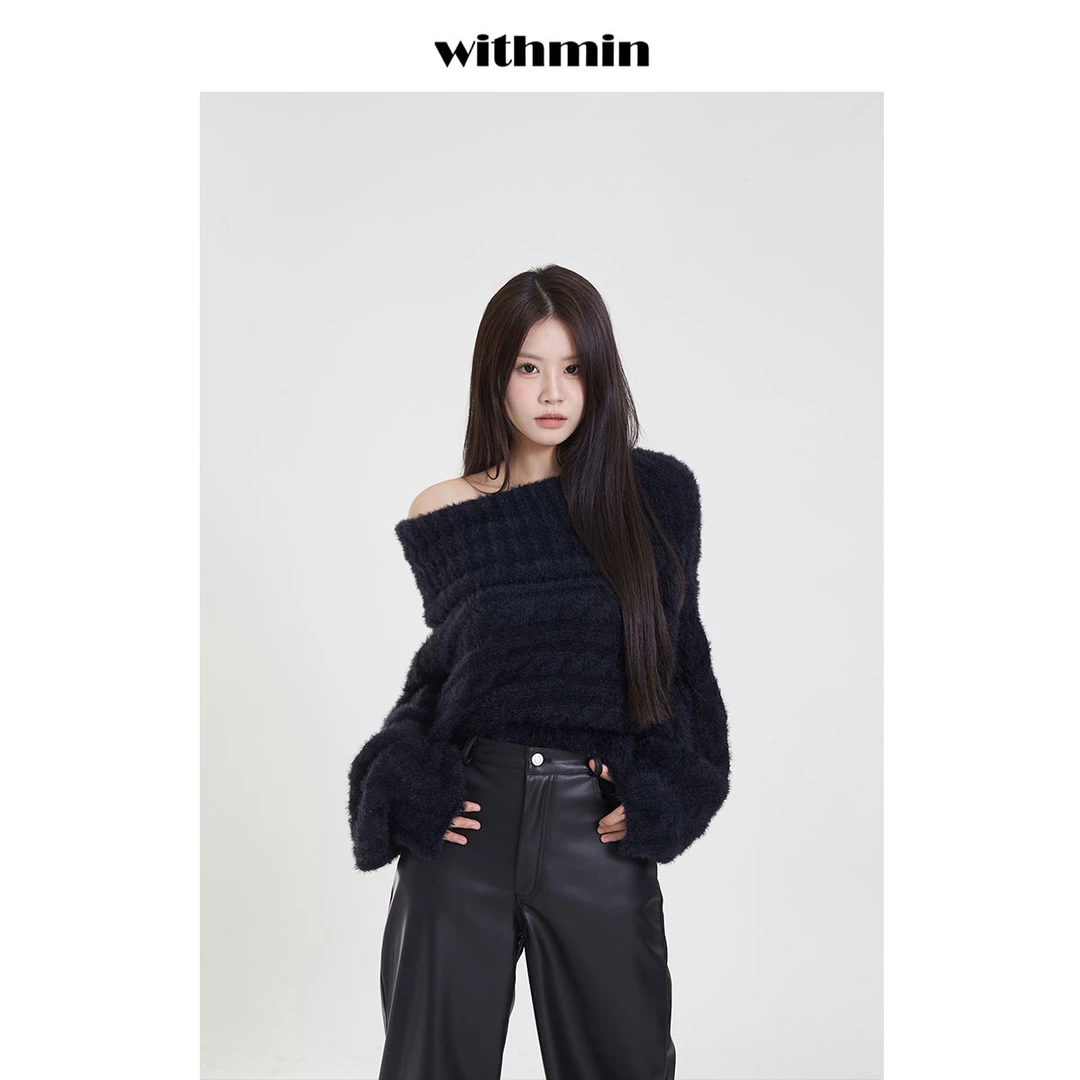 【现货】withmin  美少女日常  毛衣女秋冬慵懒风露肩针织上衣