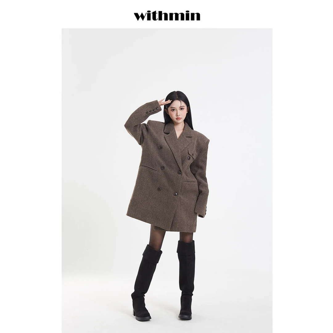 withmin 复古气质高级感咖啡色设计感小众西装式毛呢外套女时尚