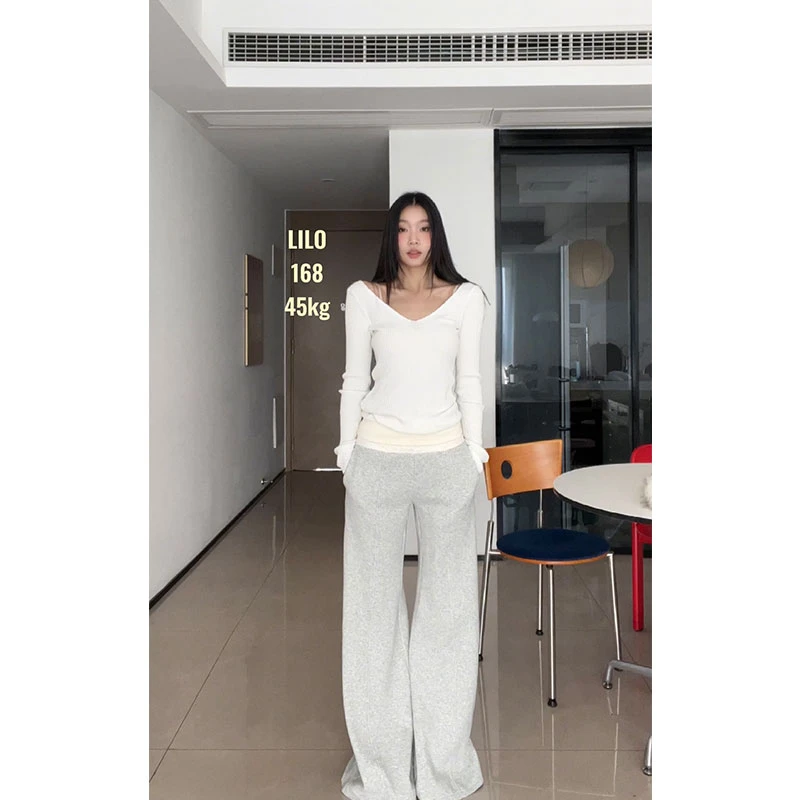 withmin首尔初冬 宽松直筒拼接蕾丝腰头运动卫裤休闲裤【2412342】