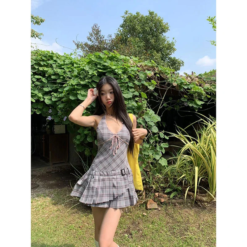【现货】莱茵湖畔 显瘦格子甜美挂脖辣妹连衣裙【2410589】