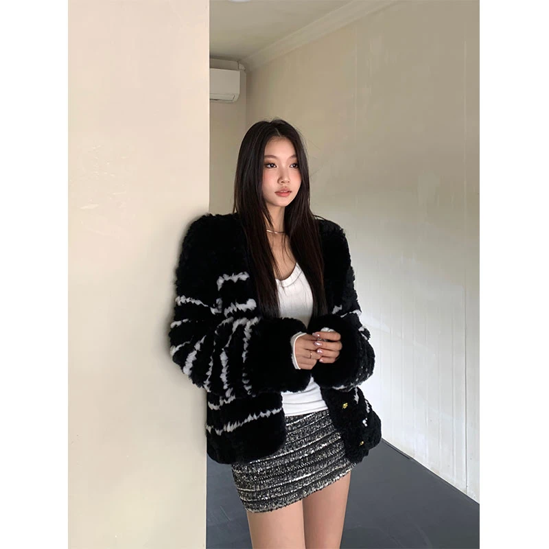 withmin北欧神话 条纹毛绒保暖秋冬宽松慵懒开衫短外套【2412185】