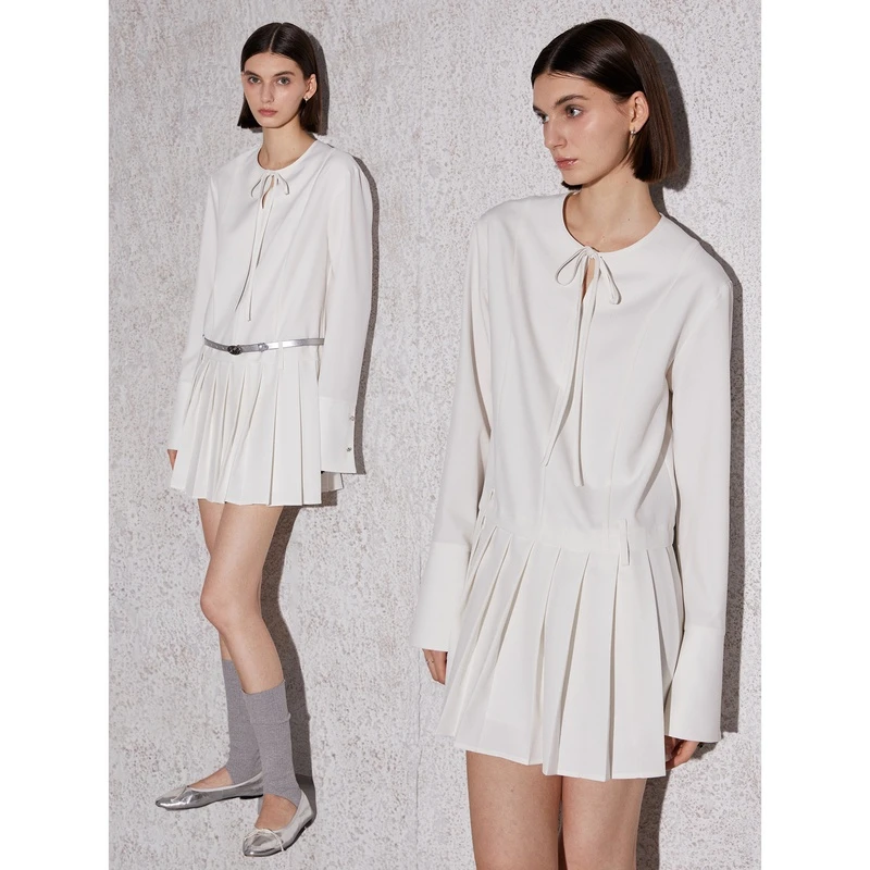 「限量发售」定制面料/领口飘带中低双腰长袖短款气质百褶连衣裙