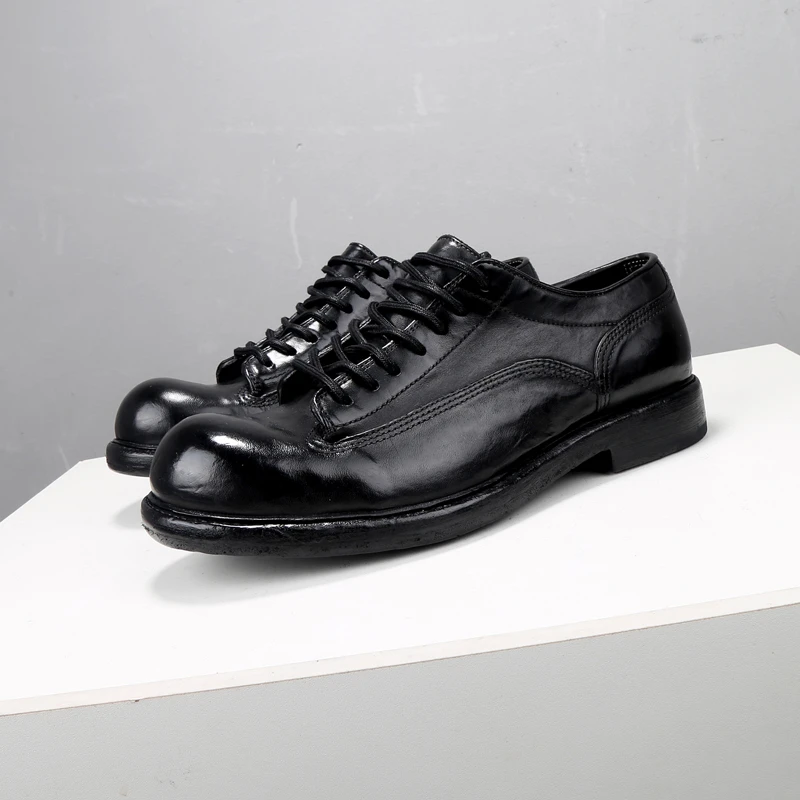 高端轻奢手工水洗马皮阿咪咔叽单鞋男士英伦复古做旧休闲工装皮鞋