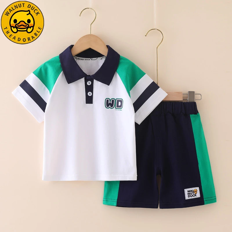 小黄鸭套装夏季新款时髦男孩撞色POLO领短袖上衣男宝宝运动两件套