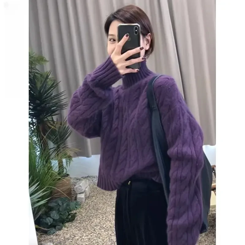 毛衣女2025秋冬新款麻花纹高领针织衫复古慵懒风短款减龄加厚上衣