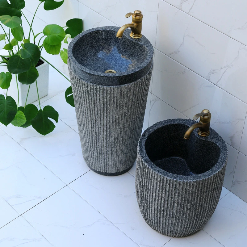 大理石阳台立柱盆落地一体式洗手盆庭院石头水池槽柱盆户外洗手池