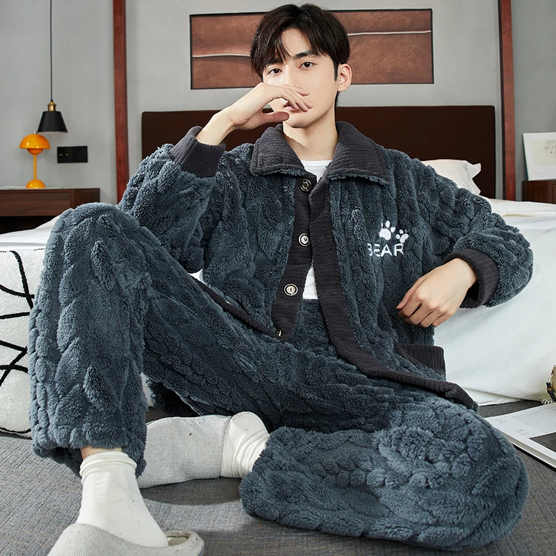 2023新款秋冬季天青少年男士睡衣套装珊瑚绒法兰绒加绒加厚家居服