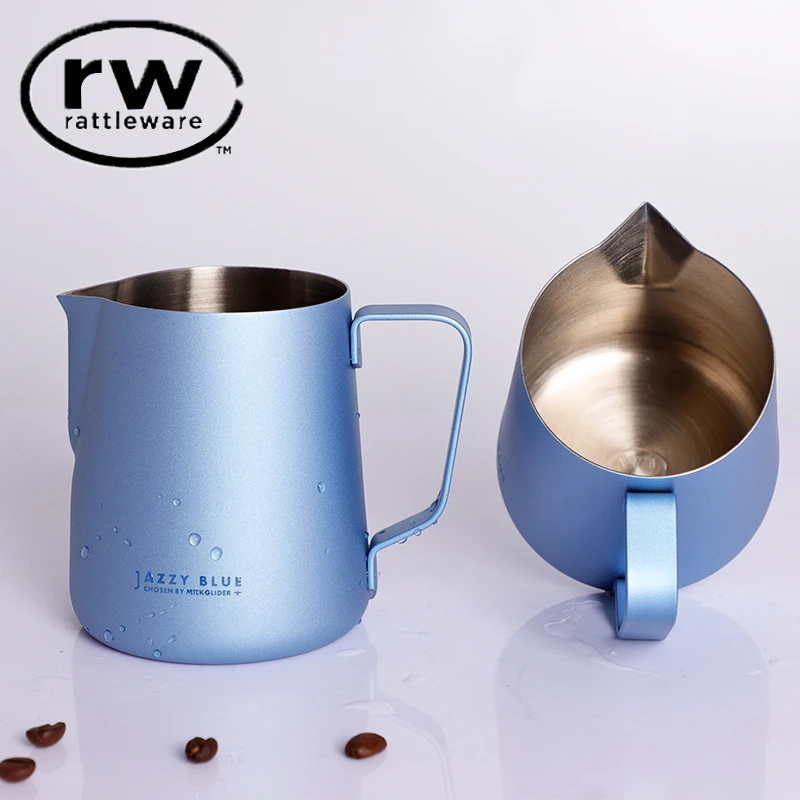 拉花缸RW家用花式咖啡手动打奶泡杯特氟龙 爵士蓝 奶缸 尖嘴 压纹