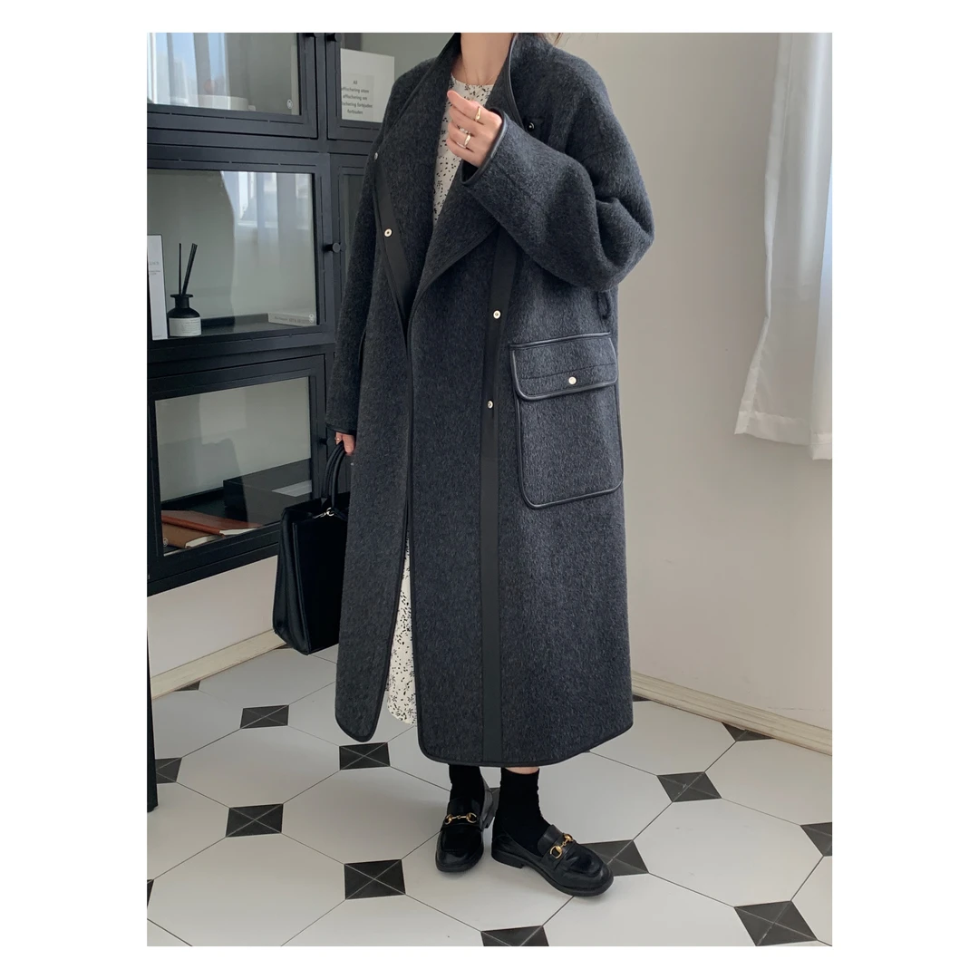新款冬季韩版气质宽松毛呢中长款设计款灰色双面羊毛大衣
