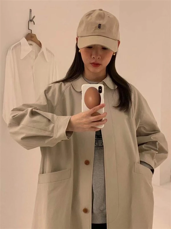 egg韩版出口泡菜国春秋季灯笼袖中长款娃娃领小个子风衣外套女