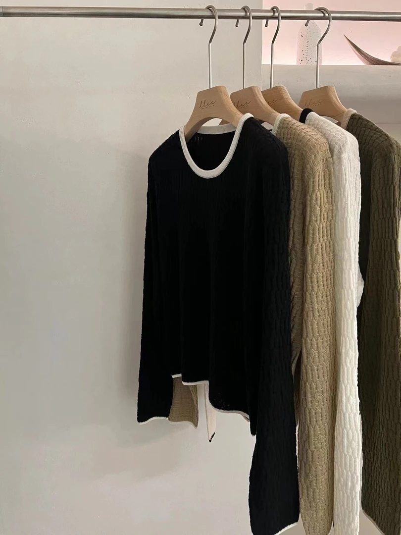 领口拼色肌理感长袖上衣 9931