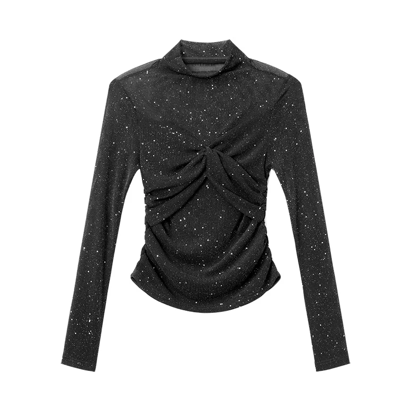 【ALONE SAVOR】高奢智感 撒银网纱扭结设计高领修身显瘦上衣女W213