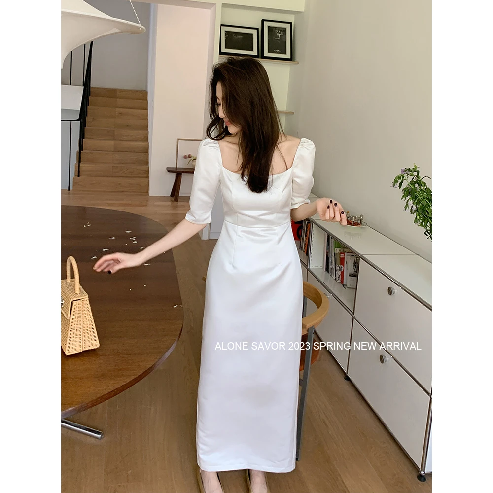 【ALONESAVOR】皎月女神柔软舒适大气修身连衣裙纯白色长裙子U101