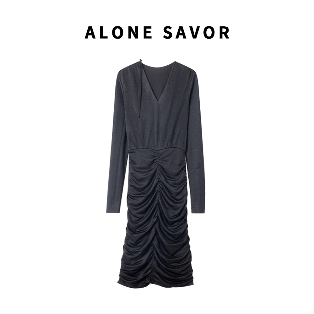 【ALONE SAVOR】黑玫瑰，时尚黑色气质显瘦连衣裙秋冬优雅裙子W407