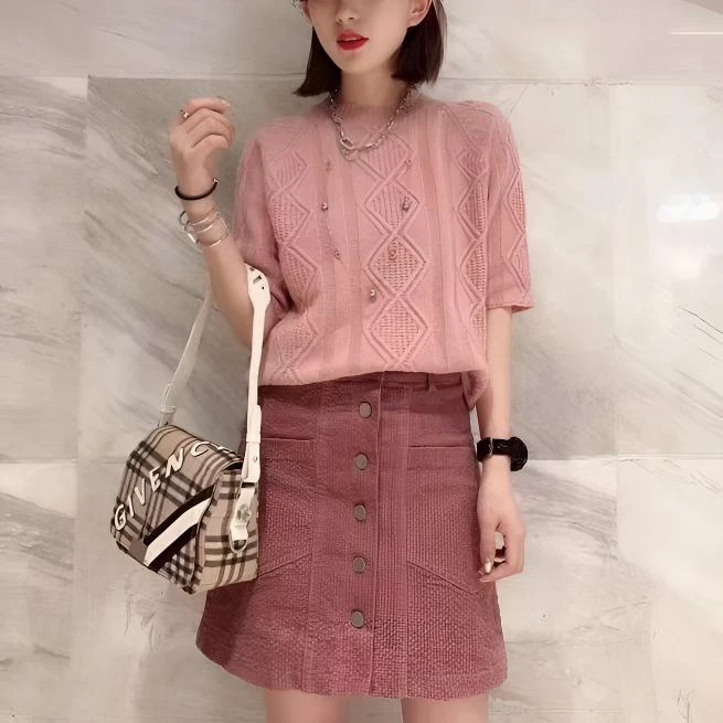 清！ 山羊绒圆领绞花短袖1898202